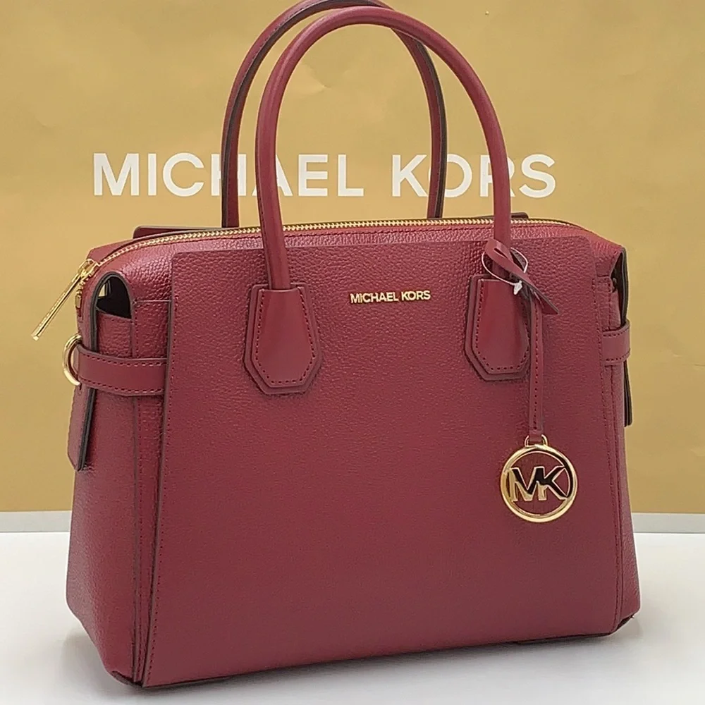 MICHAEL KORS Mercer Medium Two-Tone Pebbled Leather Belted Satchel Mulberry